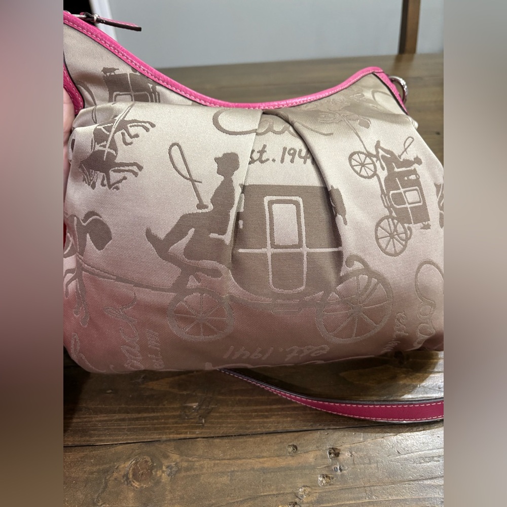 Coach Horse and Carriage Signature Sateen Jacquard Hobo Bag w/ Pink Trim - Picture 2 of 9